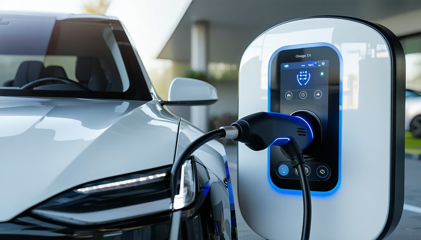 A sleek, futuristic smart EV charger connected to